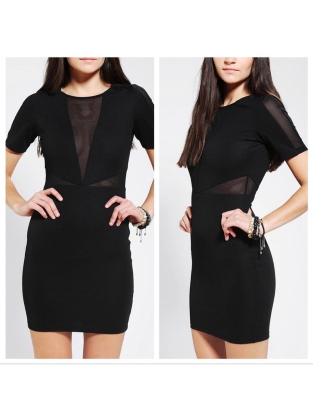 Lucca Couture Black Sheer-Panel Short Sleeve Bodycon Dress